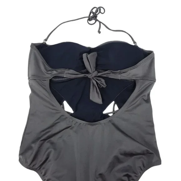 Y2K apostrophe Metallic Gray Cutout Halter Convertible Swimsuit Size L Backless - Picture 5 of 9